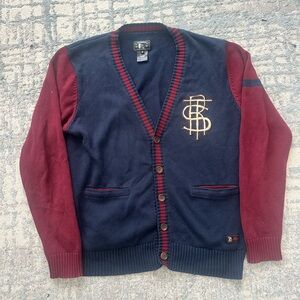 Locksmith Men's Navy and Burgundy Cardigan Sweater